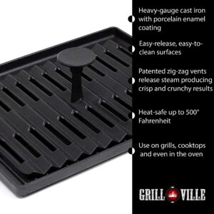 Grillville USA Cast Iron Grill Pan and Press, Indoor/Outdoor Grill Pan and Weighted Press Set, Porcelain Enamel Coating, Use on the Stovetop or Grill, Vented Design Keeps Food Crisp