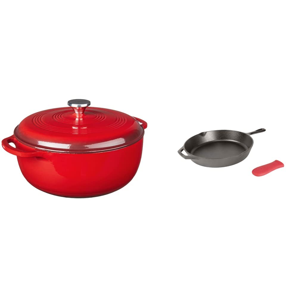 Lodge EC7D43 Enameled Cast Iron Dutch Oven, 7.5-Quart, Island Spice Red & Cast Iron Skillet with Red Silicone Hot Handle Holder, 12-inch