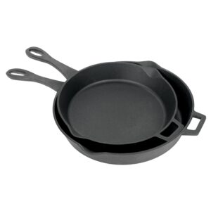 bayou classic 7453 12-in and 14-in cast iron skillet set features pour spouts perfect for breakfast pan frying sautéing and baking
