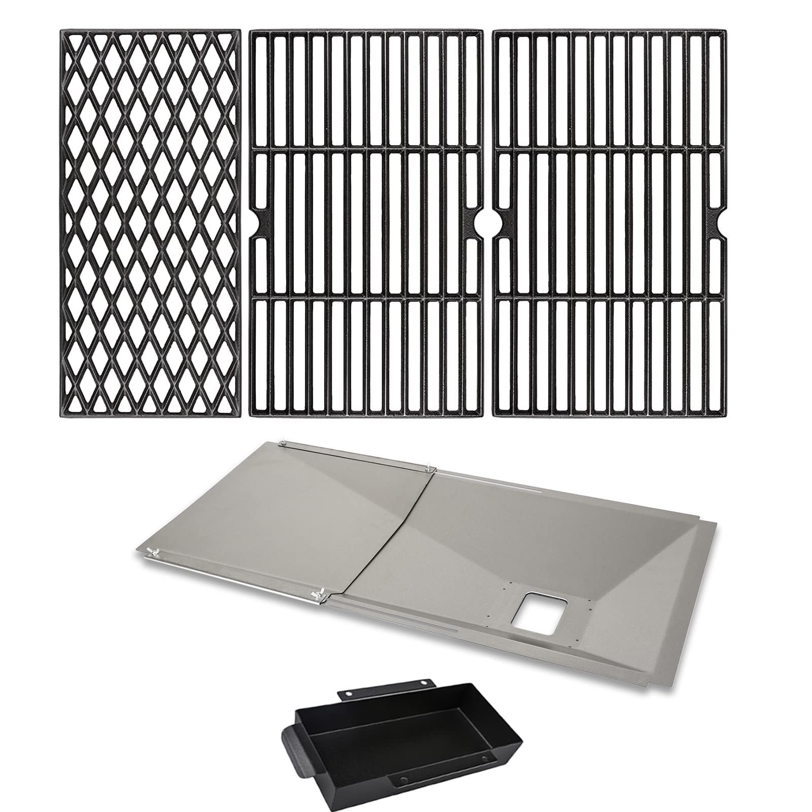 Uniflasy Cast Iron Cooking Grates and Grease Tray with Catch Pan for Dyna glo DGH450CRP DGH450CRP-D 4 Burner, DGH485CRP DGH474CRP 5 Burner Cooking