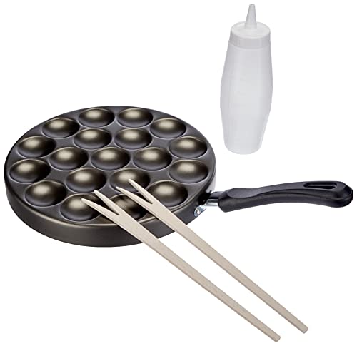 patisse Poffertjes Pan Set with Recipes Mixing Bottle and Reeds, Aluminium, Black, 25 cm 6 Units