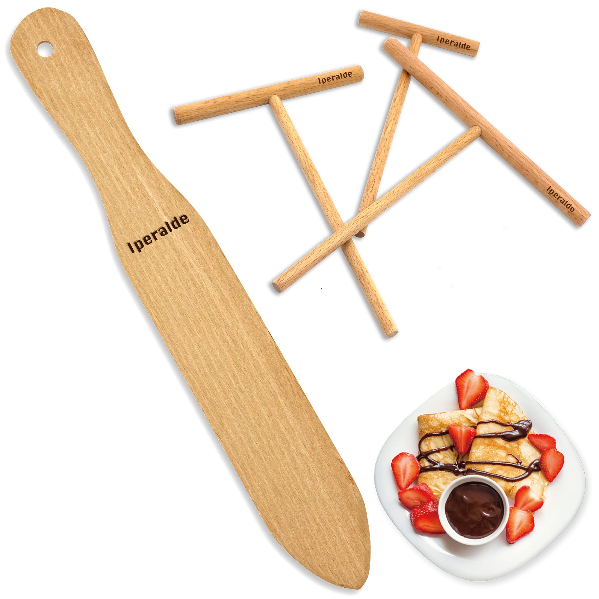 Crepe Spreader Sticks & Spatula Turner - Set of 4 [12 Inch Spatula | 3.5", 5", 7" Inch Spreader] Pancake Maker Kit - Kitchen Creipe Tools - Suitable for All Crepe Pan Sizes T Shape Construction