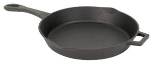 bayou classic 7432 12-in cast iron skillet features helper handle and pour spouts perfect for searing braising frying and baking pies and cobblers