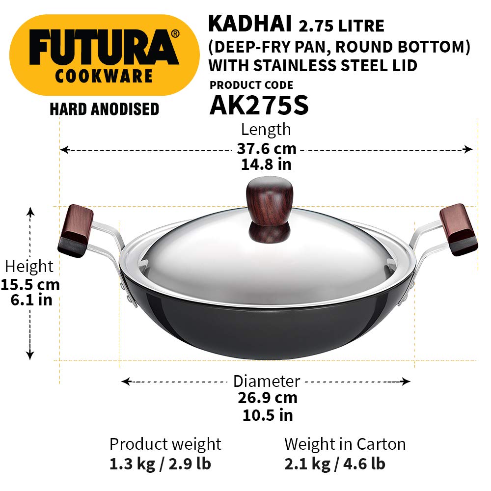 HAWKINS Futura Hard Anodised Deep-Fry Pan (Kadhai) With Stainless Steel Lid2.75 Litre Black