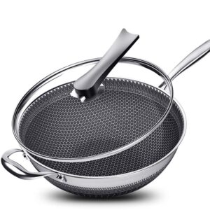 cncest 13.4 inch double sided screen honeycomb wok non stick stainless steel kitchen stir frying pan with lid