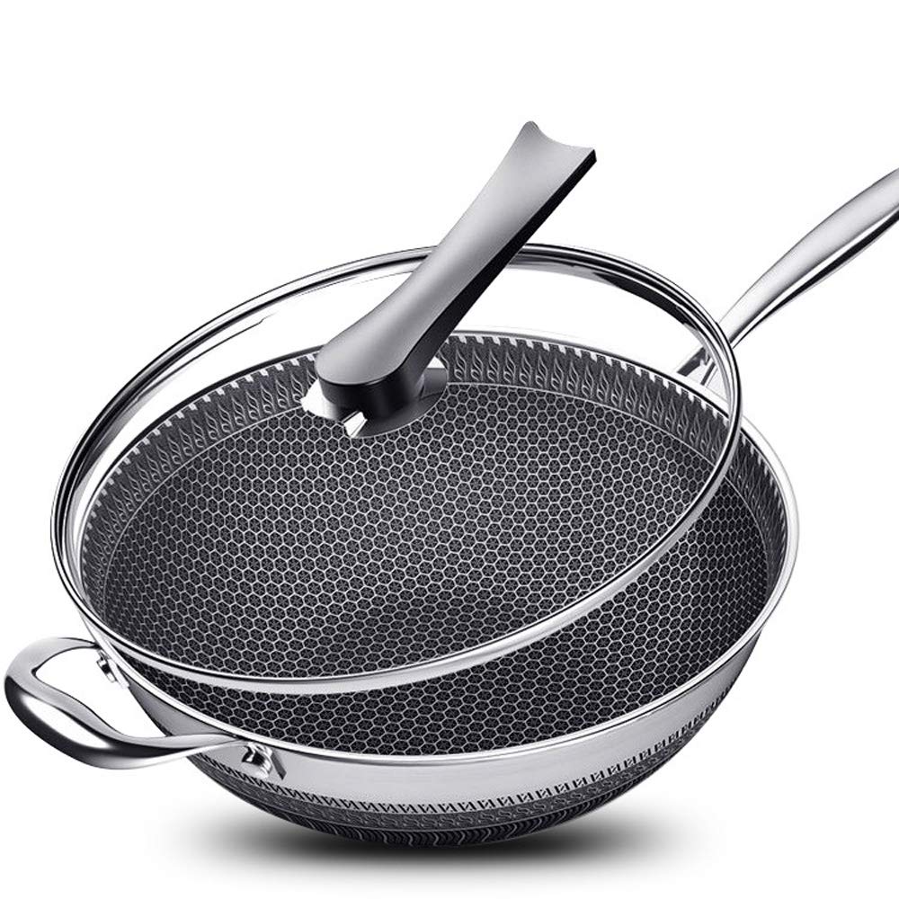 CNCEST 13.4 Inch Double Sided Screen Honeycomb Wok Non Stick Stainless Steel Kitchen Stir Frying Pan with Lid