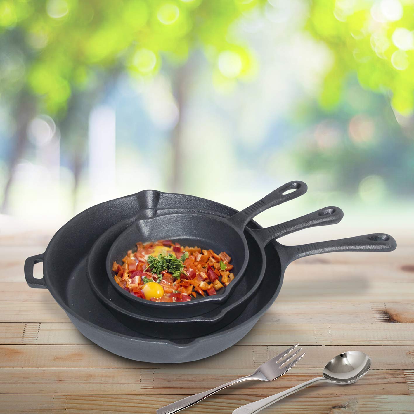 ChefVentions Pre-Seasoned Cast Iron Skillet 3-Piece Set (Size 6", 8", 10") Oven Safe Cookware - Indoor and Outdoor Use - Grill, Stovetop, Induction Safe