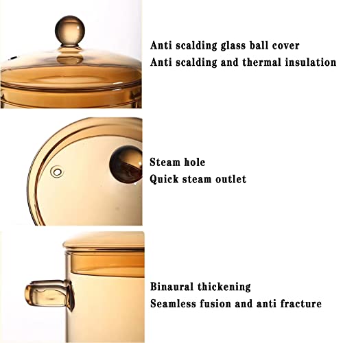 Glass Simmer Pot with Cover Glass Cookware for Stovetop 1.5L Glass Saucepan with Double handle for Stovetop Safe for Pasta Noodle Soup Milk Baby Food （Amber）