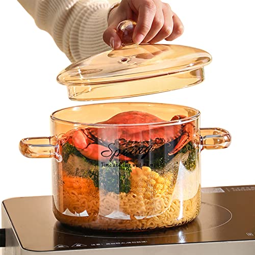 Glass Simmer Pot with Cover Glass Cookware for Stovetop 1.5L Glass Saucepan with Double handle for Stovetop Safe for Pasta Noodle Soup Milk Baby Food （Amber）