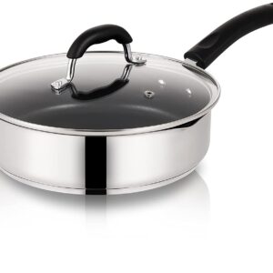 Qstar 3 qt. Stainless Steel Aluminum Nonstick Saute Deep Fry Pan with Lid and Pour Spout