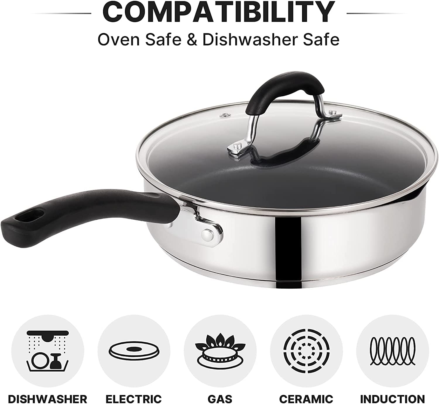 Qstar 3 qt. Stainless Steel Aluminum Nonstick Saute Deep Fry Pan with Lid and Pour Spout