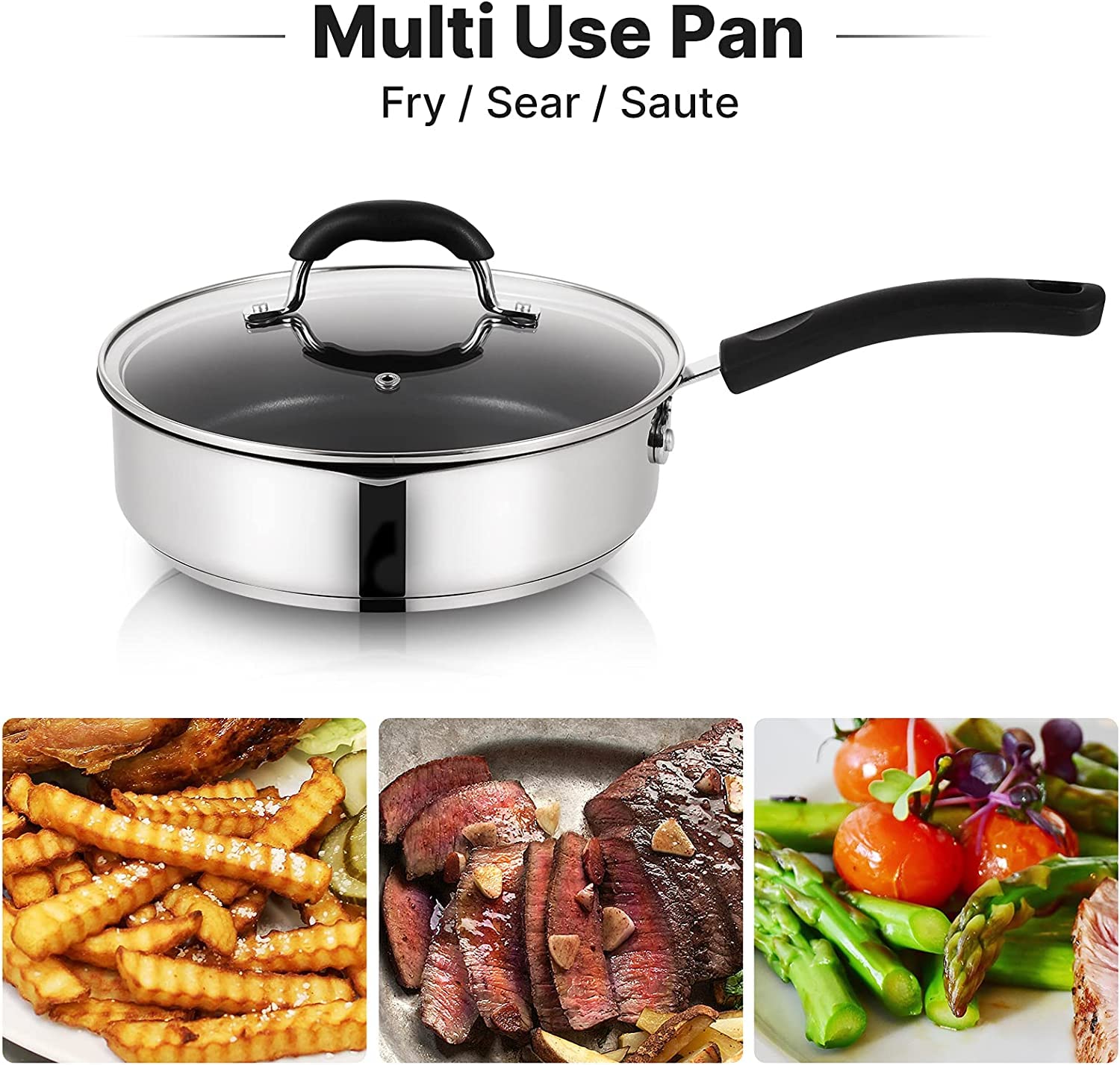 Qstar 3 qt. Stainless Steel Aluminum Nonstick Saute Deep Fry Pan with Lid and Pour Spout