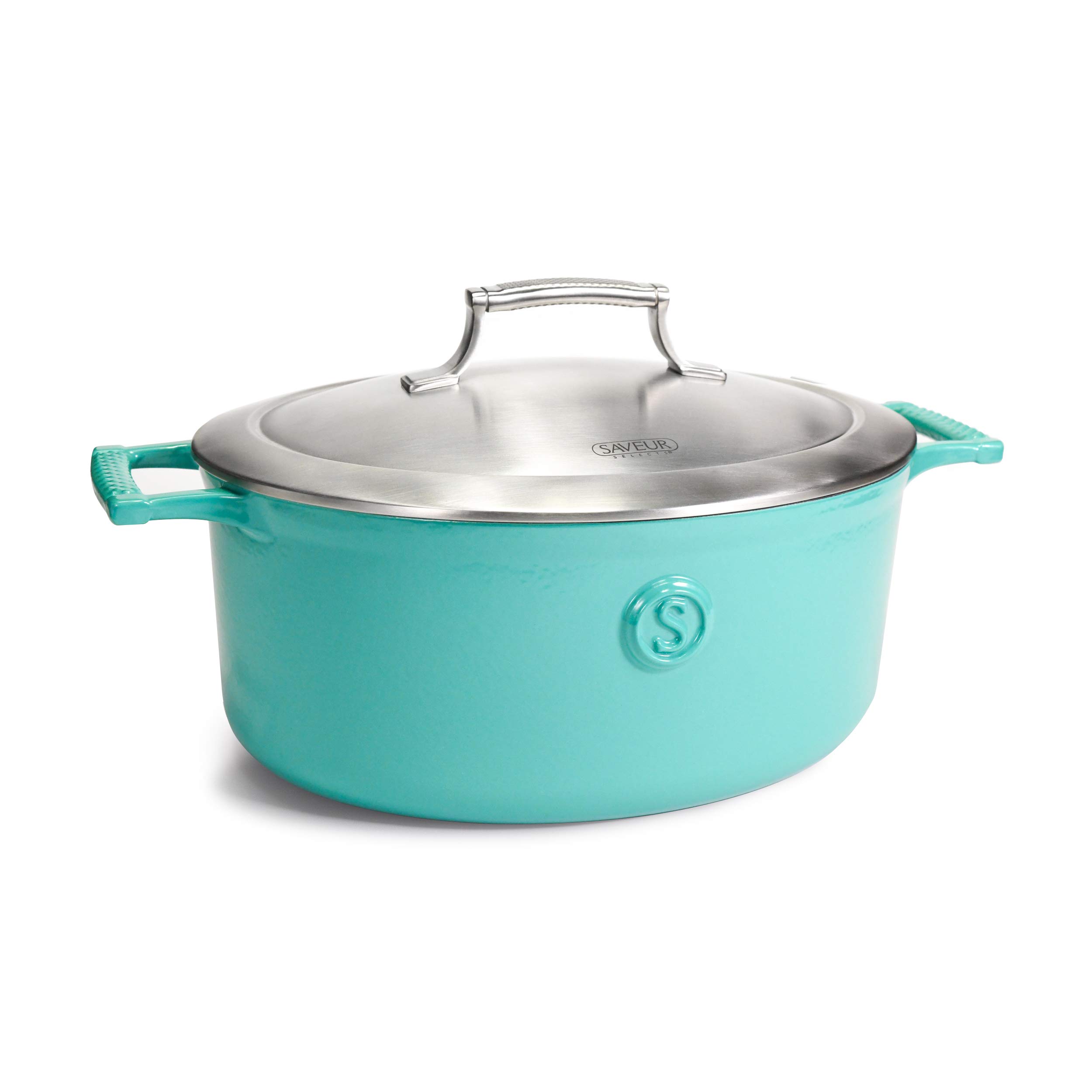 SAVEUR SELECTS Enameled Cast Iron 6-Quart Oval Roaster with Stainless Steel Lid, Saveur Blue, Voyage Series