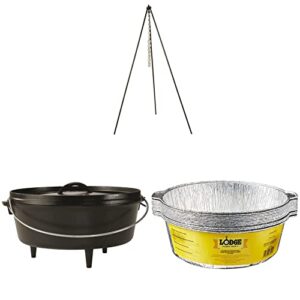 lodge tall boy tripod with 6 quart camp dutch oven and 12-pack aluminum foil dutch oven liners