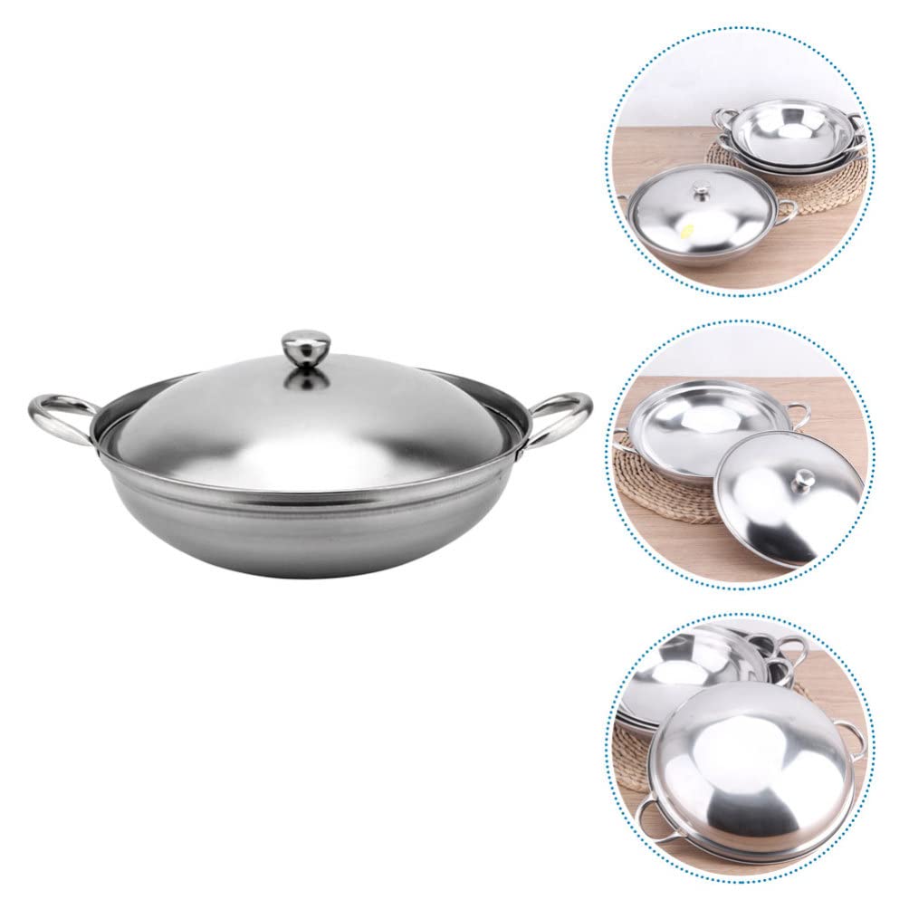 Hemoton 1 Set Stoves Wok Pan Stainless Steel Chinese Fry Pan with Lid Double Handle Cooking Skillet Pot Kitchen Cookware for Home Outdoor Picnic 22cm