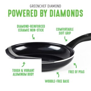 GREENCHEF Diamond Healthy Ceramic Non-Stick 2-Piece Frying Pan Skillet Set, 20 cm and 28 cm, PFAS-Free, Induction Suitable, Oven Safe up to 160˚C, Black