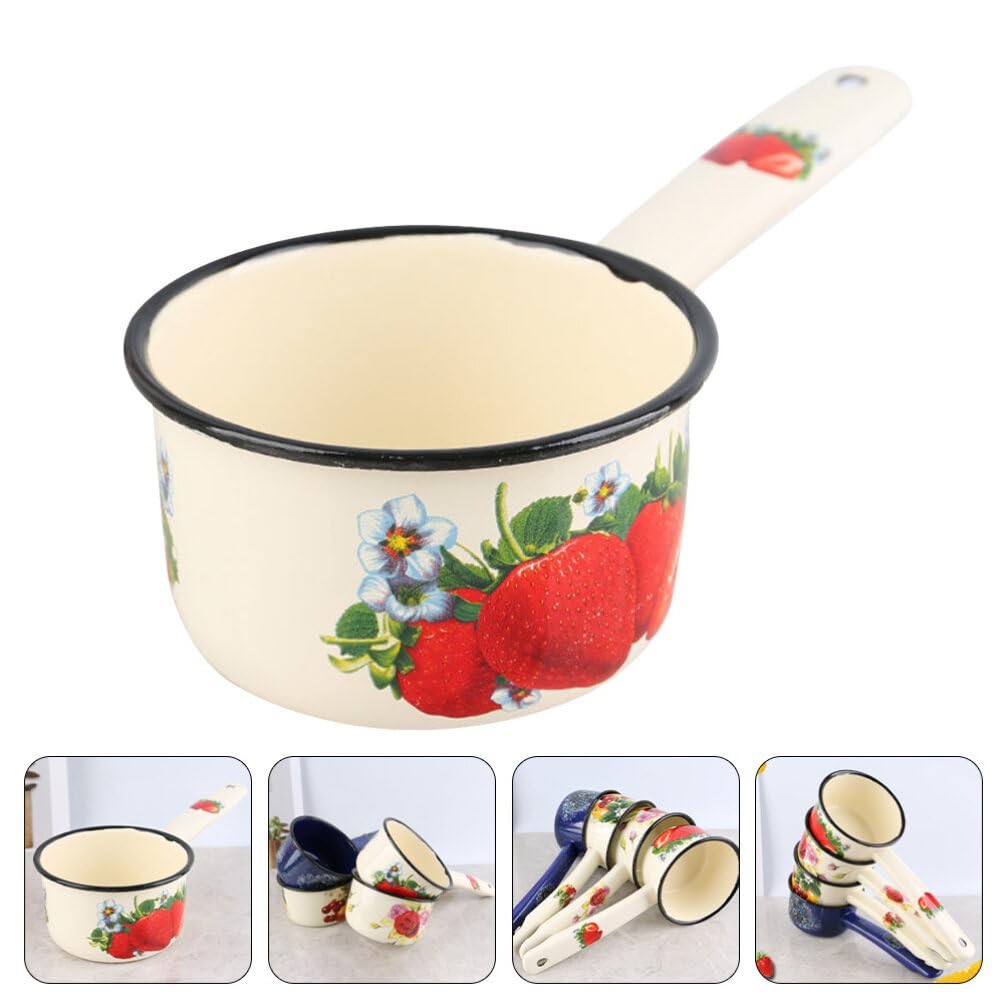 DOITOOL Enamel Milk Pan Vintage Chinese Mini Butter Warmer Nonstick Saucepan Pan with Pour Spout Melting Pot Enamelware for Induction Electric Gas Stoves Long Handle Water Ladle