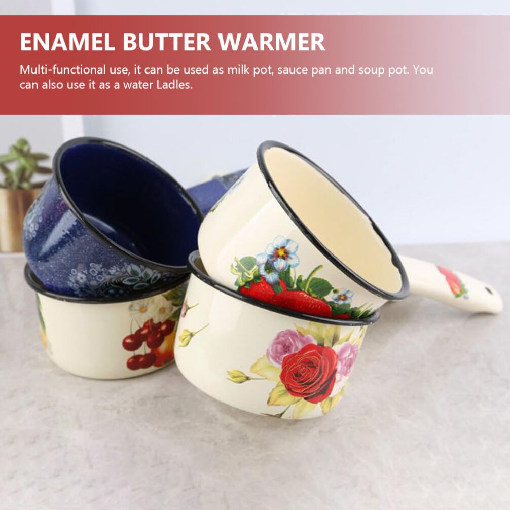 DOITOOL Enamel Milk Pan Vintage Chinese Mini Butter Warmer Nonstick Saucepan Pan with Pour Spout Melting Pot Enamelware for Induction Electric Gas Stoves Long Handle Water Ladle