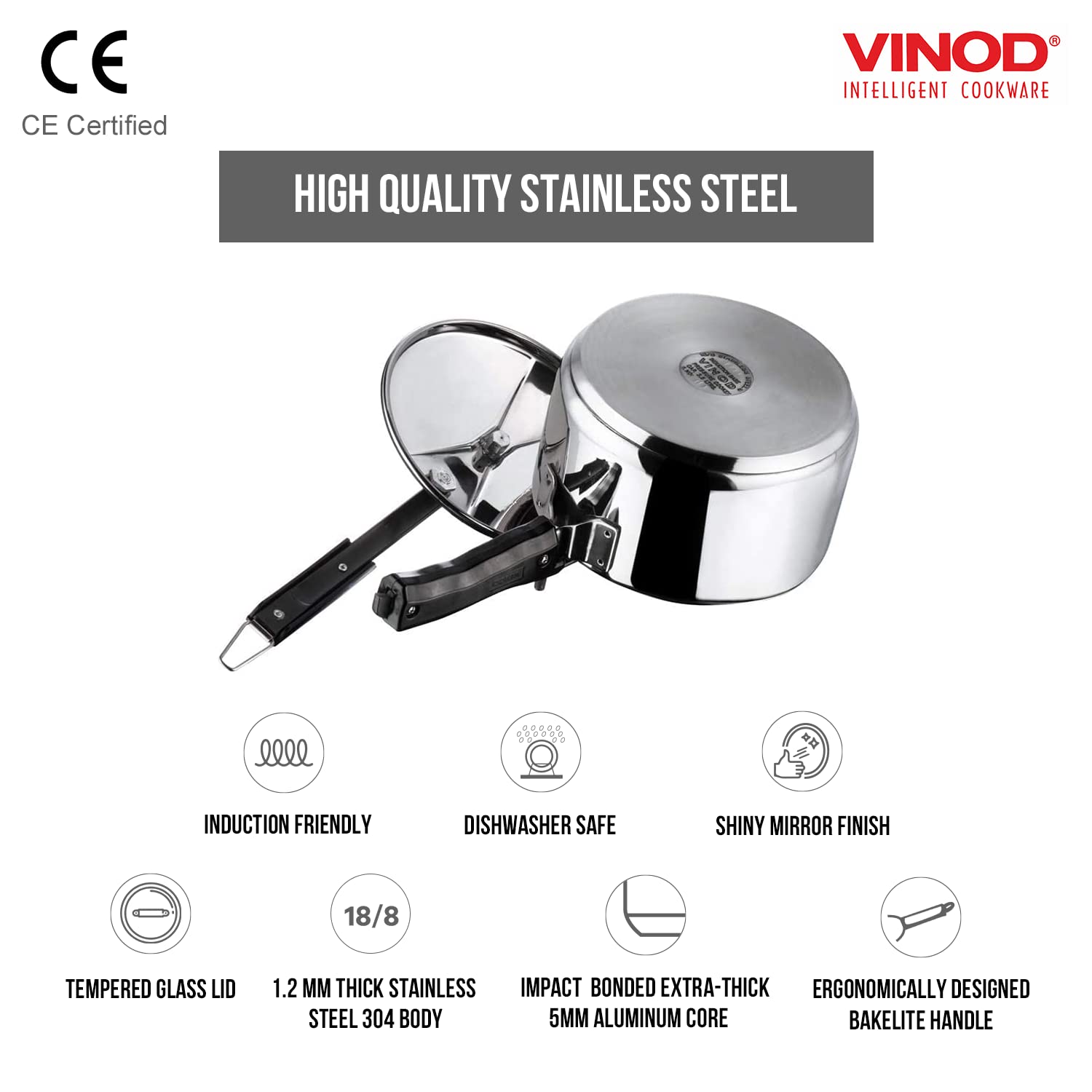 Vinod Pressure Cooker Stainless Steel – Inner Lid - 3.5 Liter – Sandwich Bottom – Indian Pressure Cooker – Induction Friendly Cooker – Best Used For Indian Cooking, Soups, and Rice Recipes, Quinoa