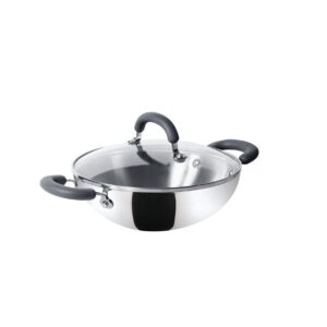 meyer trivantage nickel free stainless steel triply kadai | steel kadhai with lid | stainless steel cookware with induction base | small kadhai for deep fry, 22cm, silver