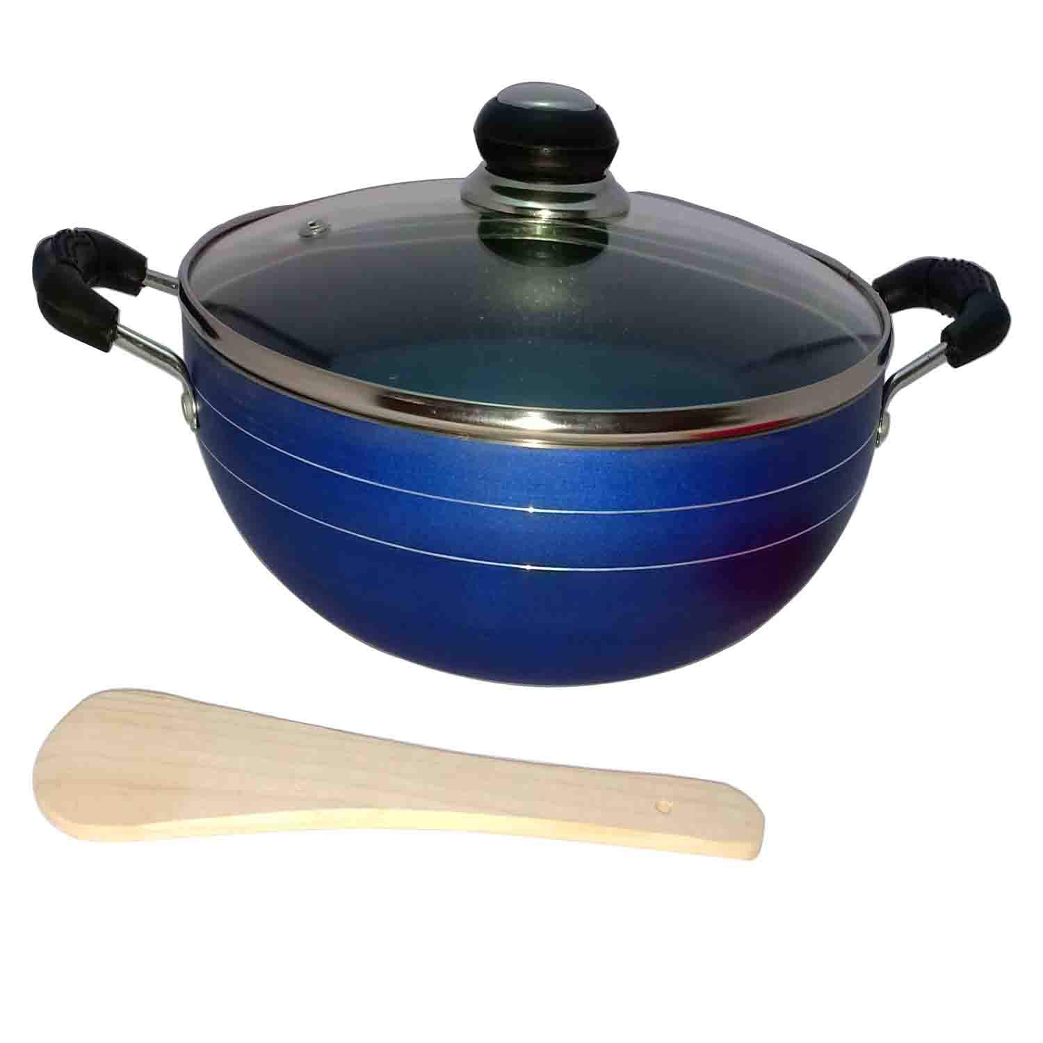 Nonstick Deep Kadai Non-Stick Aluminium Kadhai Deep Fry Pan Nonstick 2.2 litre Kadhai with Glass Lid 240 mm (Induction and Gas Compatible)