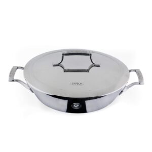 saveur selects tri-ply stainless steel 12-inch everyday pan with lid, induction-ready, dishwasher safe, voyage series