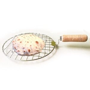 WhopperOnline Round Roasting Net with Tong, Stainless Steel Wire Roaster with Wooden Handle, Roaster net with Chimta, Roti Jari, Roti Grill, Papad Grill, Chapati Grill