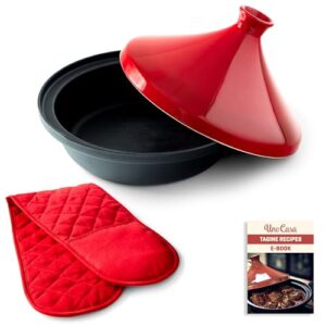 uno casa cast iron tagine pot moroccan for cooking - 3.65 quart tajine pot moroccan with enameled cast iron base and ceramic lid, finest cookware - tangine pot red double oven mitts included