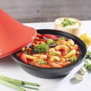 Tagine Moroccan Cast Iron 4 qt Cooker Pot with Recipe Book, Caribbean One-Pot Tajine Cooking, Enameled Ceramic Lid- 500 F Oven Safe Dish w Large Capacity, Cone Shaped Lid, Cookware Gift