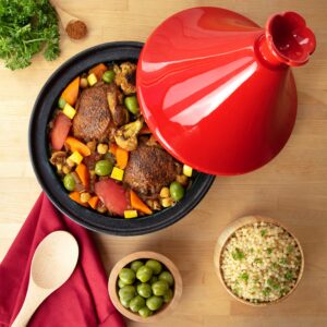 Tagine Moroccan Cast Iron 4 qt Cooker Pot with Recipe Book, Caribbean One-Pot Tajine Cooking, Enameled Ceramic Lid- 500 F Oven Safe Dish w Large Capacity, Cone Shaped Lid, Cookware Gift