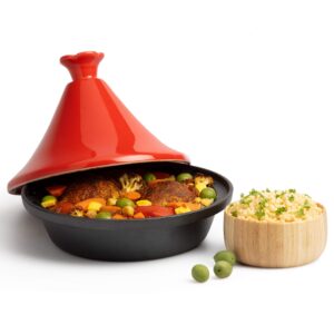 Tagine Moroccan Cast Iron 4 qt Cooker Pot with Recipe Book, Caribbean One-Pot Tajine Cooking, Enameled Ceramic Lid- 500 F Oven Safe Dish w Large Capacity, Cone Shaped Lid, Cookware Gift