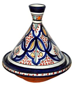 moroccan handmade serving tagine ceramic with vivid colors original 8 inches across white & blue