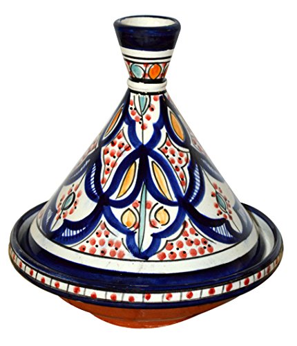 Moroccan Handmade Serving Tagine Ceramic With Vivid colors Original 8 inches Across White & Blue