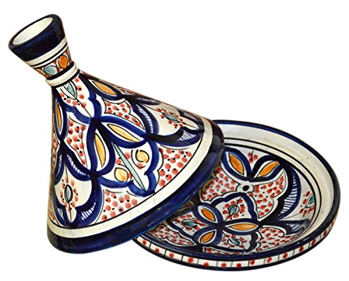 Moroccan Handmade Serving Tagine Ceramic With Vivid colors Original 8 inches Across White & Blue