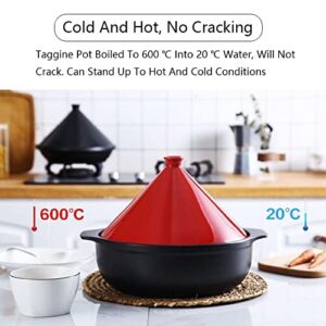 Hand Made Tagine Pot, 30Cm Moroccan Ceramic Tajine Cooking Pot Cookware with Cone-Shape Lid for Stew Casserole Slow Cooker, Large, Red