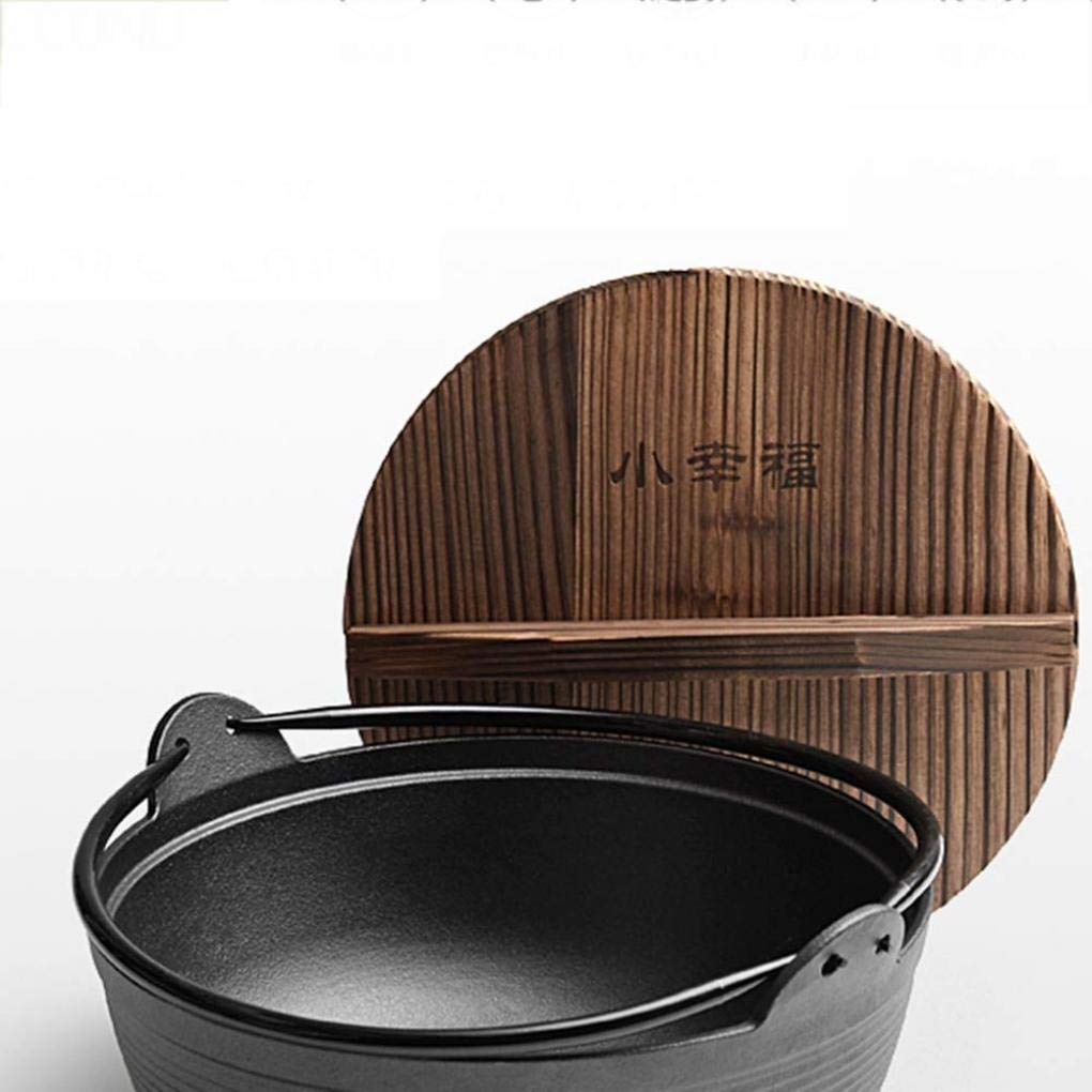 MYYINGBIN Traditional Sukiyaki Pot, Enamel Coated Cast Iron Pot Casserole with Wooden Cover for Camping Cooking, 29cm, A, 29cm(11inch)
