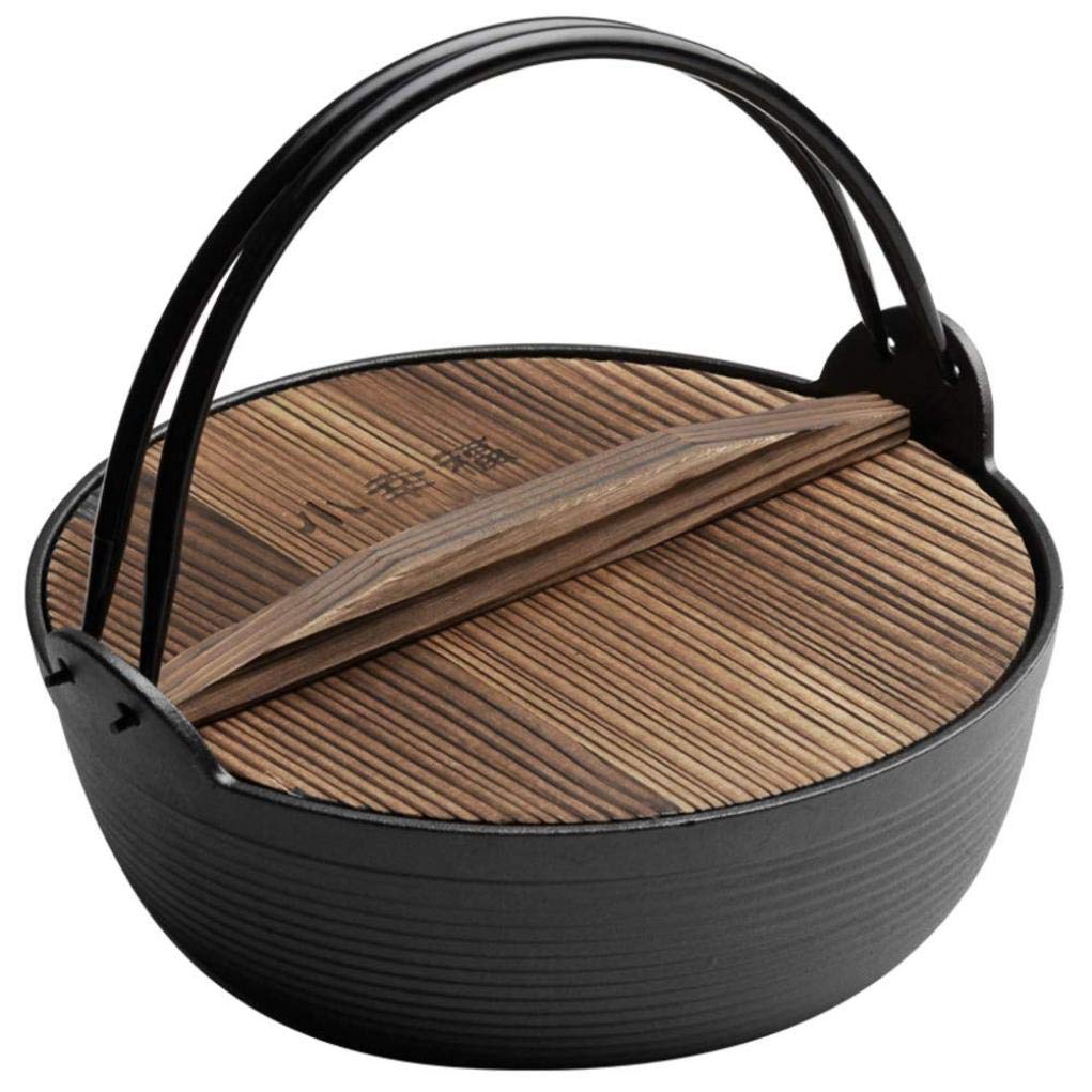 MYYINGBIN Traditional Sukiyaki Pot, Enamel Coated Cast Iron Pot Casserole with Wooden Cover for Camping Cooking, 29cm, A, 29cm(11inch)