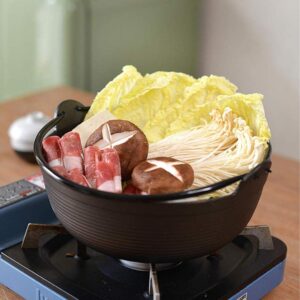 MYYINGBIN Traditional Sukiyaki Pot, Enamel Coated Cast Iron Pot Casserole with Wooden Cover for Camping Cooking, 29cm, A, 29cm(11inch)