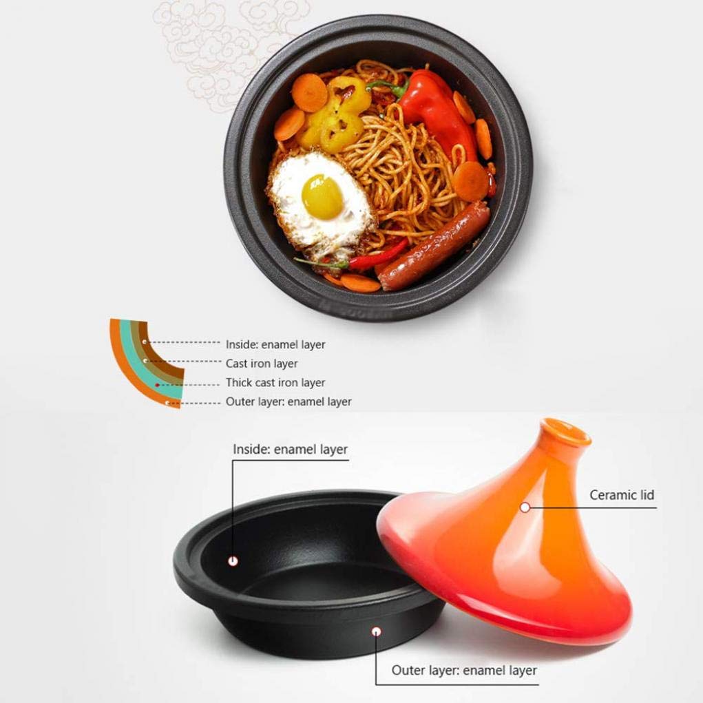 MYYINGBIN 1.7Liter Tagine Pot with Enameled Cast Iron Base and Cone-Shaped Lid Anti-Hot Silicone Gloves, Suitable for 1-4 People, Orange