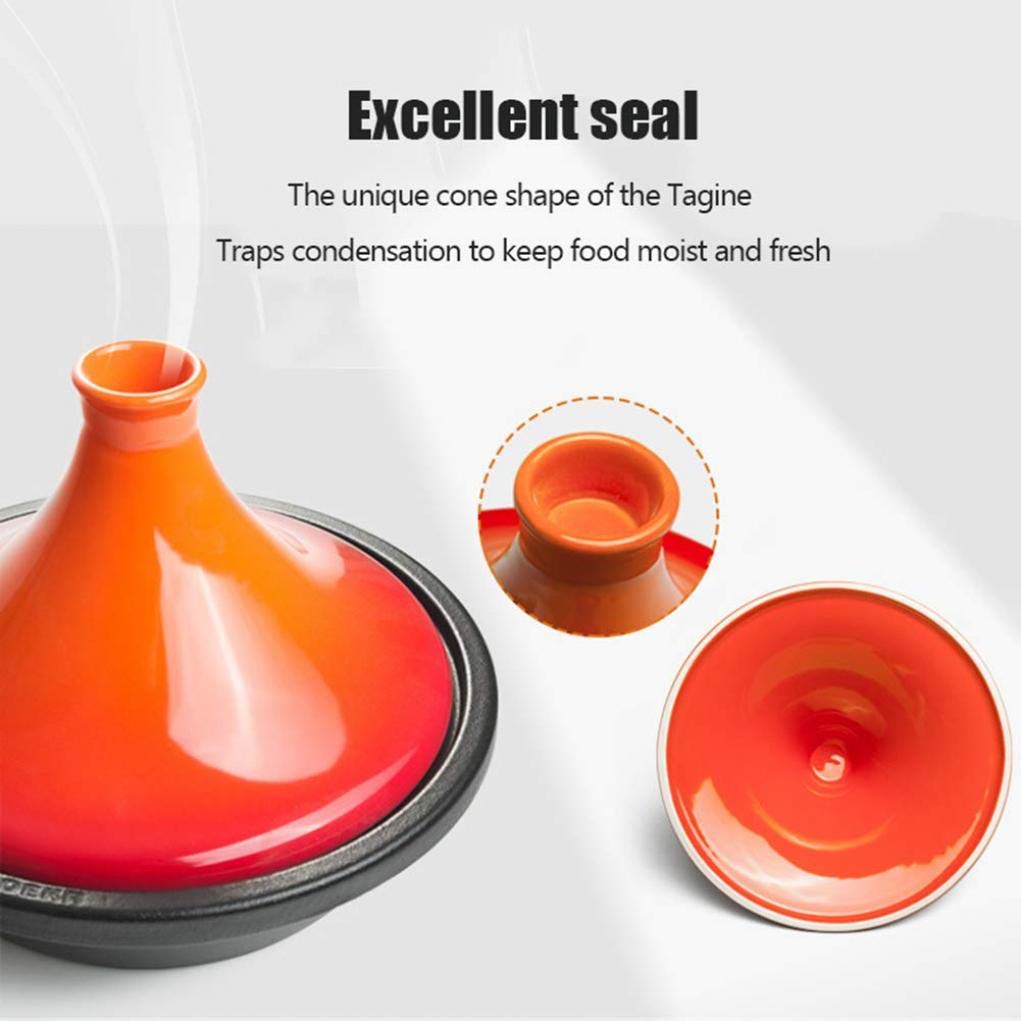 MYYINGBIN 1.7Liter Tagine Pot with Enameled Cast Iron Base and Cone-Shaped Lid Anti-Hot Silicone Gloves, Suitable for 1-4 People, Orange