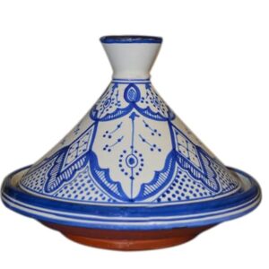 Moroccan Handmade Serving Tagine Exquisite Ceramic With Vivid colors Original 10 Inches in Diameter Fes White & Blue