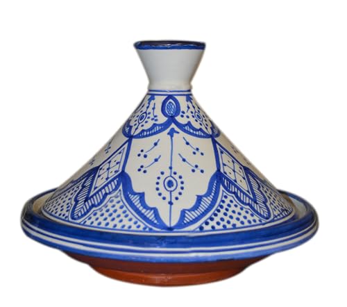 Moroccan Handmade Serving Tagine Exquisite Ceramic With Vivid colors Original 10 Inches in Diameter Fes White & Blue