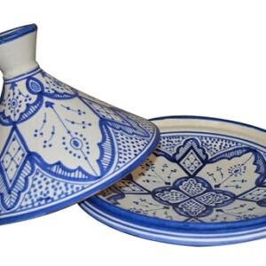 Moroccan Handmade Serving Tagine Exquisite Ceramic With Vivid colors Original 10 Inches in Diameter Fes White & Blue