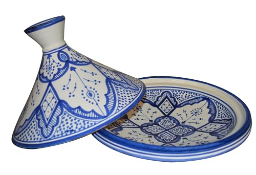 Moroccan Handmade Serving Tagine Exquisite Ceramic With Vivid colors Original 10 Inches in Diameter Fes White & Blue