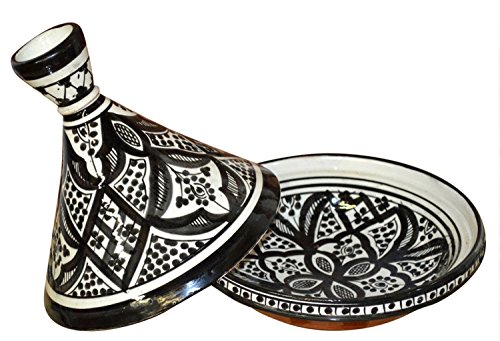 Moroccan Handmade Serving Tagine Ceramic With Vivid colors Original 10 Inches in Diameter Black & White