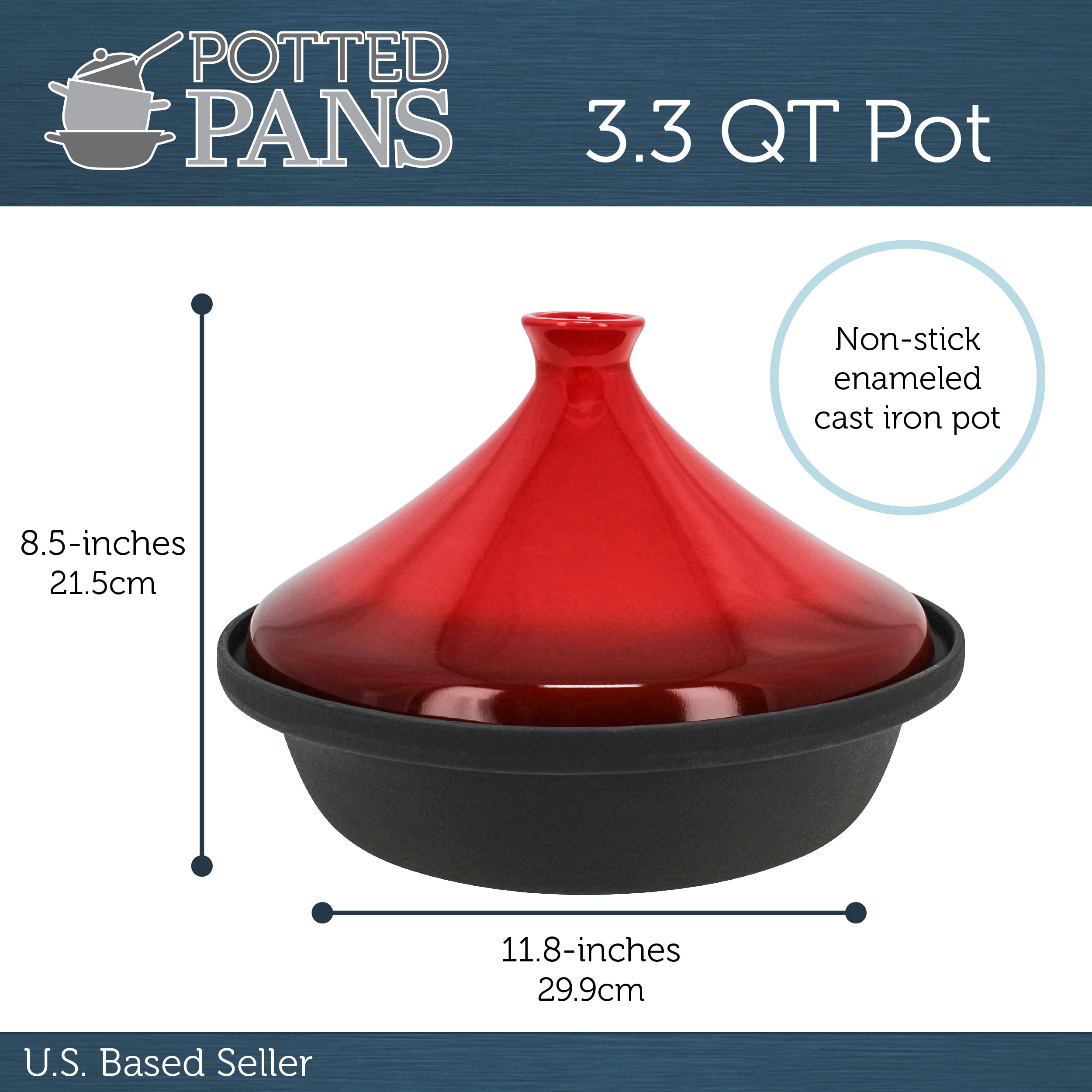 Potted Pans 3.3 QT Enameled Cast Iron and Ceramic Tajine Cooking Pot - Moroccan Tagine Pot Stovetop Tandoori Oven