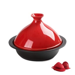 casserole dish with lid soup pot 24cm large cooking tagine, professional moroccan tajine with enameled cast iron base and cone-shaped lid, for different cooking styles (color : red)