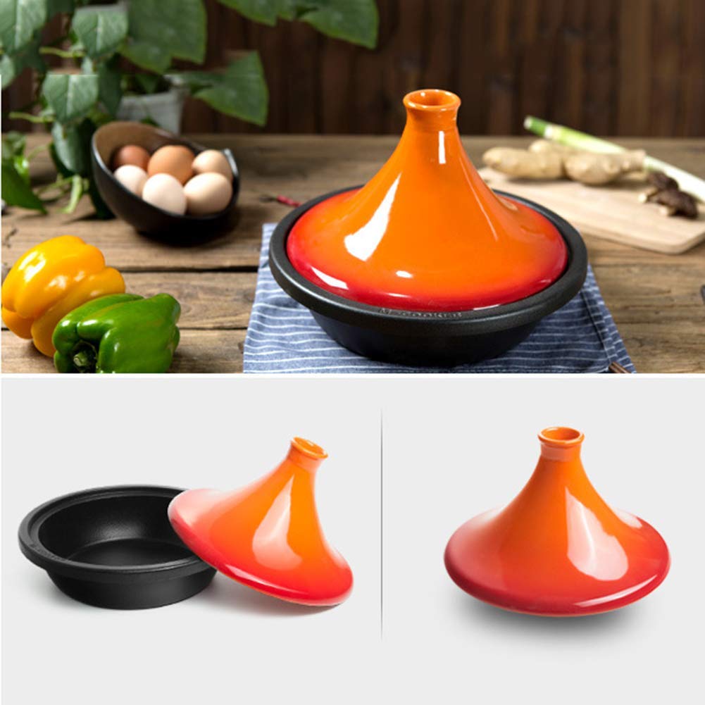 Casserole Dish with Lid Soup Pot Lead Free Cooking Tagine, Enameled Cast Iron Tagine Pot with Ceramic Lid 10.6" Tagine Cooking Pot with Anti-Hot Silicone Gloves (Color : Orange)