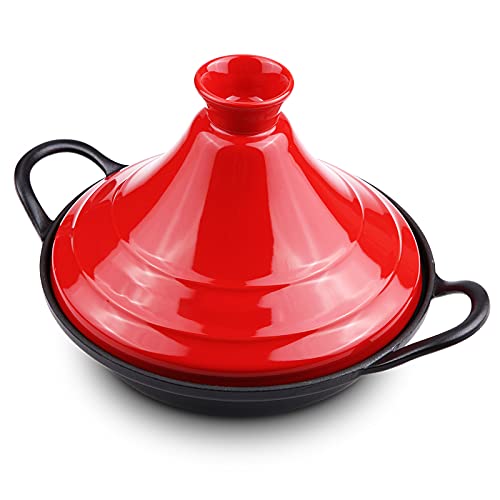 Ceramic Casserole Tagine Pot - Home Moroccan Slow Cooker Pot with Enameled Cast Iron & Lid for Cooking and Stew,Red