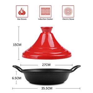 Ceramic Casserole Tagine Pot - Home Moroccan Slow Cooker Pot with Enameled Cast Iron & Lid for Cooking and Stew,Red